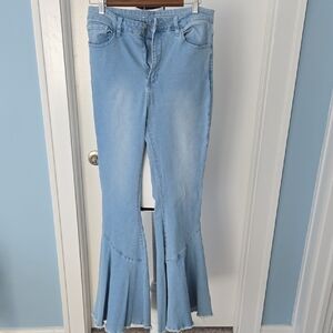 Shein BellBottom Flare High Waisted Light Blue Raw Hem Stretch Jeans 10 Tall Y2k